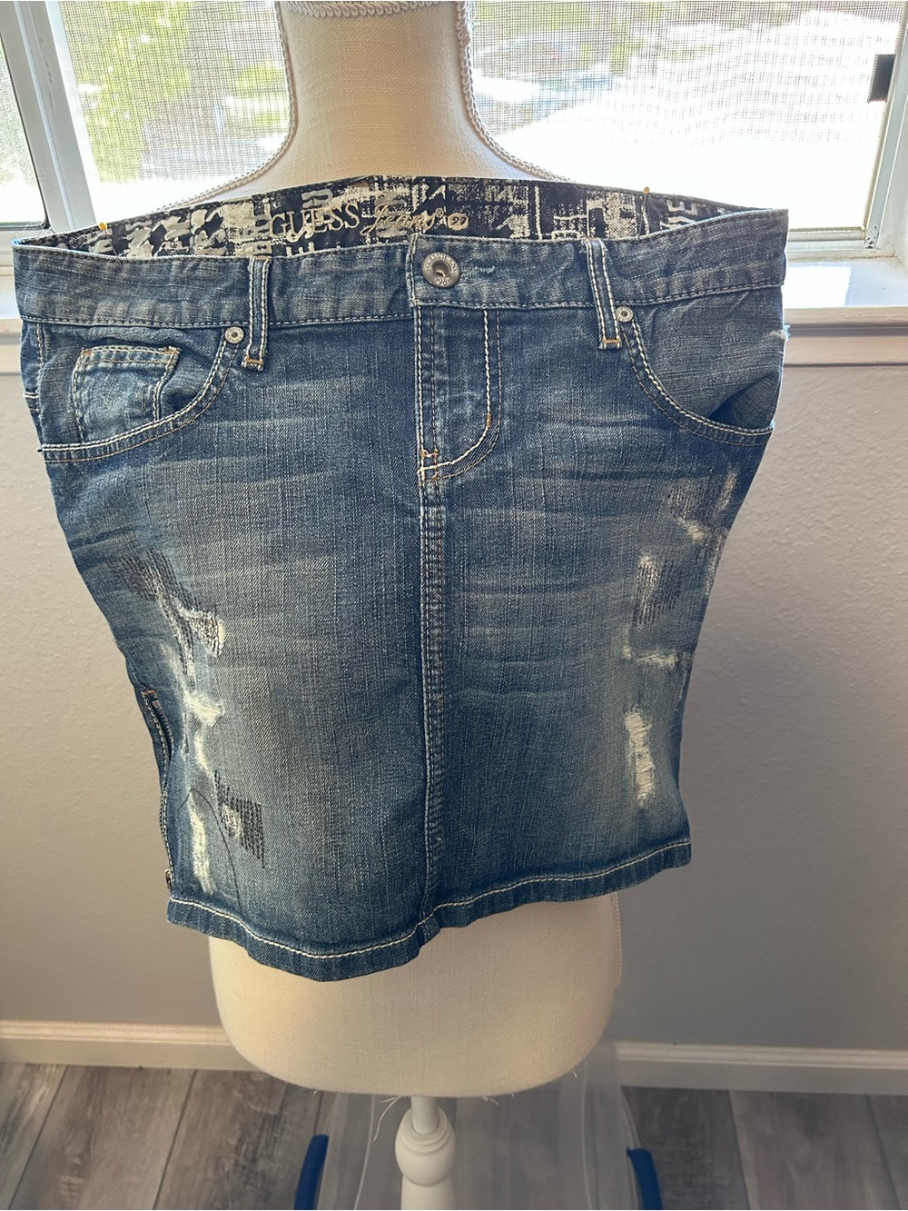 GUESS Distressed Blue Denim Mini Skirt